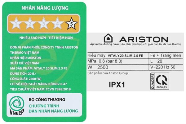 Máy nước nóng gián tiếp Ariston 20 lít 2500W VITALY 20 SLIM 2.5 FE 2024 - Image 5